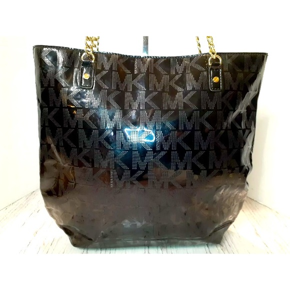 MICHAEL KORS JET SET SIGNATURE LOGO BLACK PATENT LEATHER CHAIN TOTE SHOULDER BAG - Picture 2 of 7